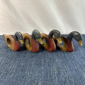 Vintage Wooden Hand-carved & Painted Decoy Duck Napkin Rings Set Of 4 Mallards